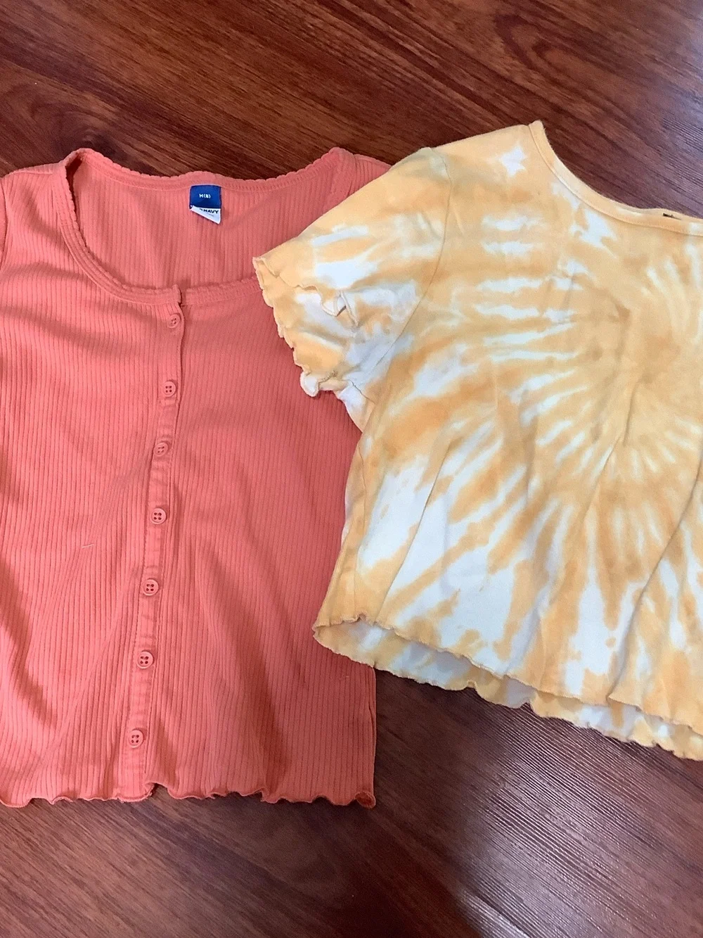 Old Navy Girls Coral Ribbed Button-Front Top with Yellow Tie-Dye Tee